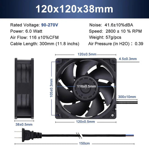 EC Brushless Industrial Case Fan 120x120x38mm, 116 CFM, side and front view with specifications and power cord visible