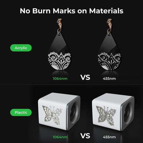 Infrared 1064nm Laser Module For D1 Pro Jewelry Engraving, Ultra Fine 0.03mm Spot, 15KW Peak Power, Pro Grade Metal Engraving On Gold, Silver, Copper, Aluminum, Zinc And Plastic. Acrylic earring and plastic cube comparison