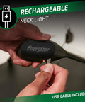 Close-up of USB charging cable being plugged into Rechargeable Neck Light With USB Charging, Flexible Hands Free LED Reading Lamp.