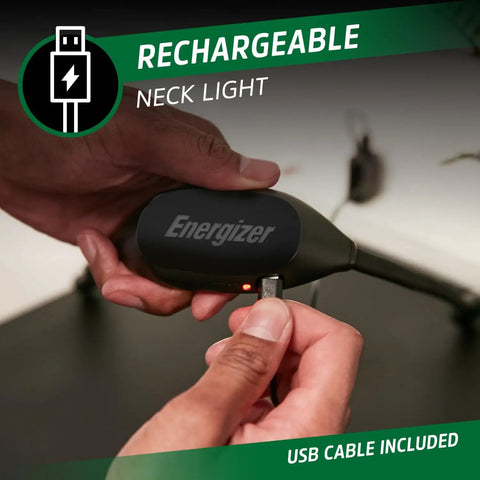 Close-up of USB charging cable being plugged into Rechargeable Neck Light With USB Charging, Flexible Hands Free LED Reading Lamp.