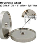 CBN Grinding Wheel Eight Inch 320 Grit One Inch Wide Five Eighth Inch Arbor Full Nickel Plated angle view with measurement
