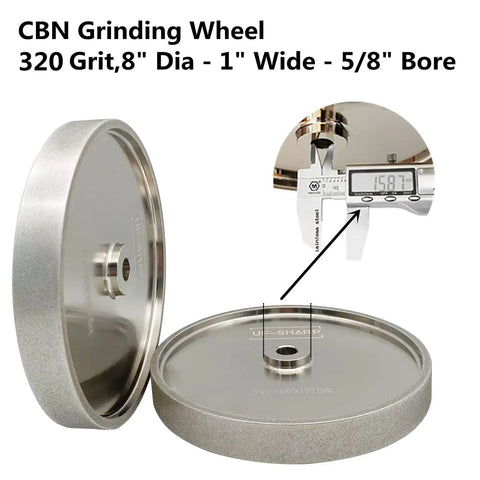 CBN Grinding Wheel Eight Inch 320 Grit One Inch Wide Five Eighth Inch Arbor Full Nickel Plated angle view with measurement