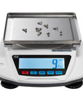 Dialed-In High Precision Digital Lab Scale displaying screws, 5000g capacity, 0.01g accuracy, stainless steel platform