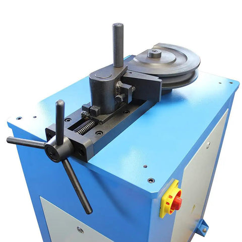 Close-up of Hardcore Programmable Electric Tube Bender With Smart Plc Auto Manual Toggle 2Hp 220Volt Motor controls and mechanism.