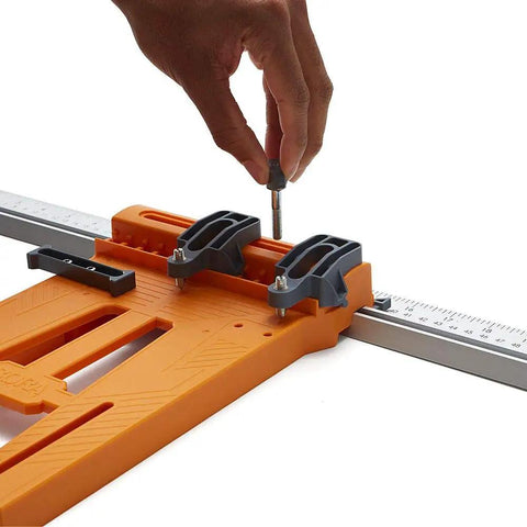 Rip Guide With Saw Plate And Rip Handle for Circular Saws being adjusted for precise cuts, showing measurement detail.
