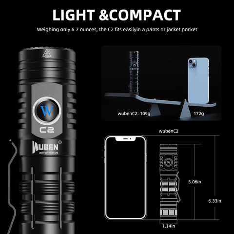 C2 USB C Rechargeable Flashlight 2000 Lumen Tactical Light With 7 Modes IP68 Waterproof For Outdoor Camping Emergencies And Everyday Carry Beefy Aluminum Body With Long Battery Life Type C Rechargeable
