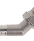 Rock Solid 1 1/2 Inch Stainless Steel Hose Barb To NPT Male Pipe 45 Deg Rigid Adapter showing a sleek, durable angled fitting.
