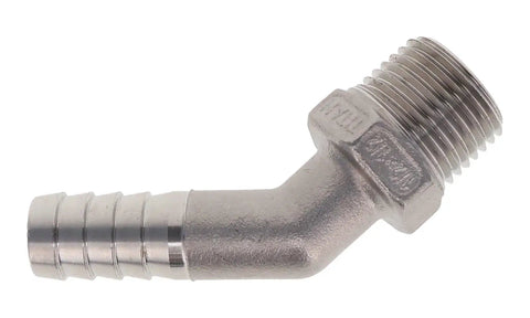 Rock Solid 1 1/2 Inch Stainless Steel Hose Barb To NPT Male Pipe 45 Deg Rigid Adapter showing a sleek, durable angled fitting.