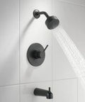 Modern 14 Series Matte Black Tub And Shower Faucet Trim Kit With Shower Head And Handle, Valve Trim Included, installed view