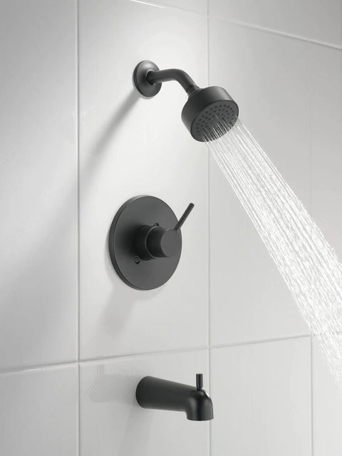 Modern 14 Series Matte Black Tub And Shower Faucet Trim Kit With Shower Head And Handle, Valve Trim Included, installed view