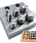 7 Piece Circular Disc Cutter Set With Wooden Storage Box Square Design Includes Round Punches One Quarter Inch Through Five Eighth Inch Heavy Duty