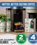 Vertuo Descaler Kit Two Bottles For Limescale Removal And Hotter Coffee Descaler Solution with machine and coffee cup