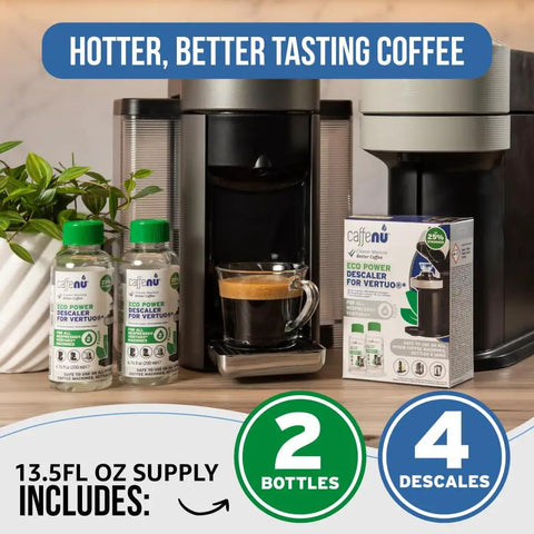 Vertuo Descaler Kit Two Bottles For Limescale Removal And Hotter Coffee Descaler Solution with machine and coffee cup