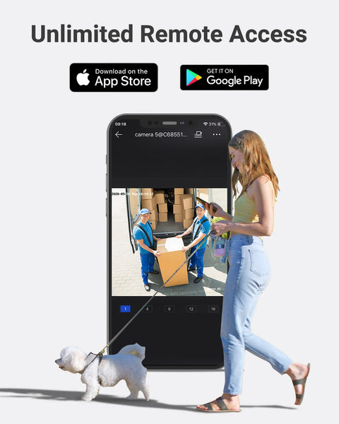 Woman using phone showing live feed from 12MP 8 Channel PoE NVR Security System With H265 Plus Motion Detection. Unlimited Remote Access.