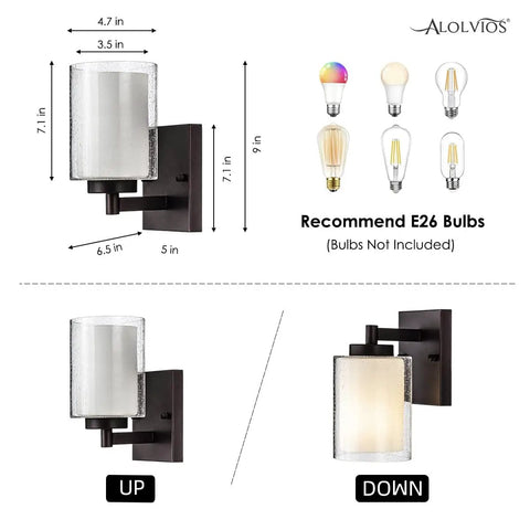 Diagram of a pair of farmhouse style oil rubbed bronze wall sconces with seeded glass shades detailing dimensions and bulb type.