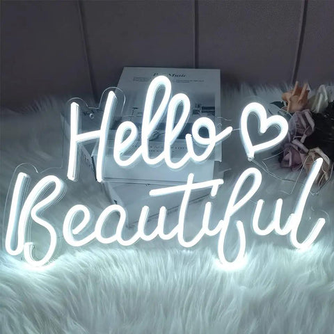 Hello Beautiful Heart White LED Neon Sign For Bedroom And Home Bar Cafe Decor Romantic 3D Art Gift 17X13 Inch Wall Light