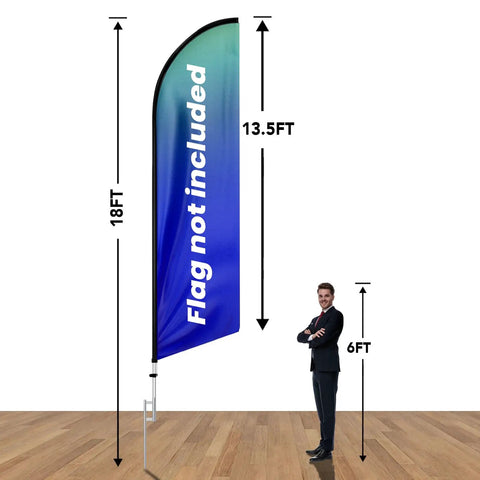 18Ft Aluminum Feather Flag Pole Kit For Swooper Flags with height measurements beside a 6ft person for scale