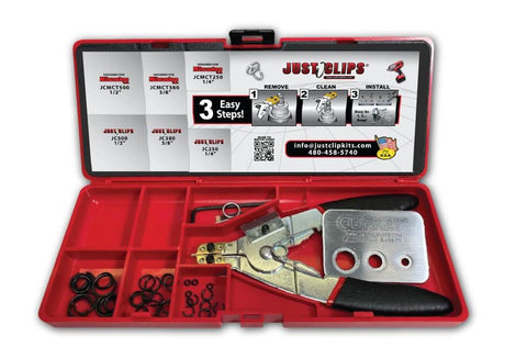 Just Clips Snap Ring Tool Kit with Clips and O Rings, including pliers, ClipKey, and universal tips for ring installation and removal