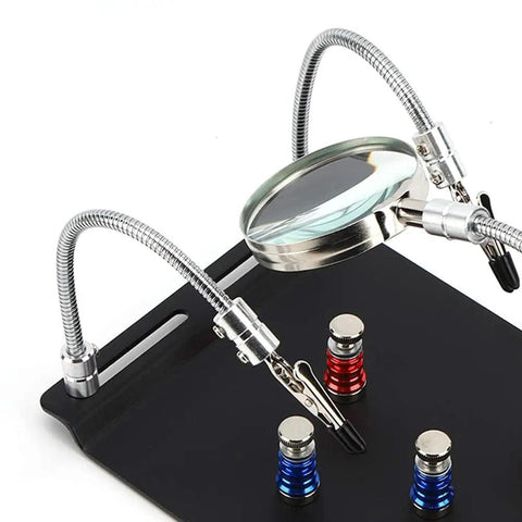 Third Hand Soldering Station With 3X LED Magnifying Lamp Magnetic PCB Clamp and Flexible Arms on black base