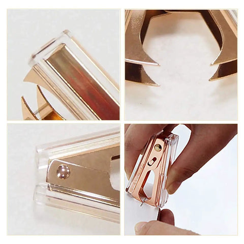 Two Pack Rose Gold and Gold Staple Remover Set close-ups and demonstration, Luxe Acrylic Office Tools for Quick Paper Fixes