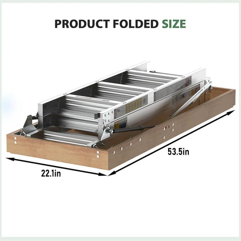 Heavy Duty 10 Ft Aluminum Attic Ladder Pull Down System For 54 By 25 Inch Opening Drop Down Hidden Attic Stairs With 350 Pound Load Fits 7 Foot 8 Inch To 10 Foot 3 Inch Ceilings Durable Pine Side Panels folded size with 53.5 x 22.1 in frame