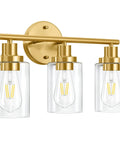 Brushed Brass 3 Light Vanity Wall Sconce With Clear Glass Shades, Modern Farmhouse Bathroom Fixture For Mirror, Kitchen