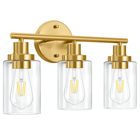 Brushed Brass 3 Light Vanity Wall Sconce With Clear Glass Shades, Modern Farmhouse Bathroom Fixture For Mirror, Kitchen