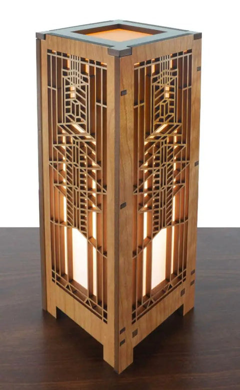Robie House Lightbox Mini Accent Lamp With Cherry Wood Veneer And Shoji Paper Shade, 4W LED Bulb Included, on table