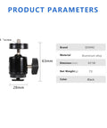 Hot Shoe Mount Adapter With 360 Degree Swivel Mini Ball Head And 1/4 Inch Screw dimensions and specifications chart