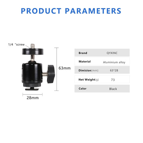 Hot Shoe Mount Adapter With 360 Degree Swivel Mini Ball Head And 1/4 Inch Screw dimensions and specifications chart