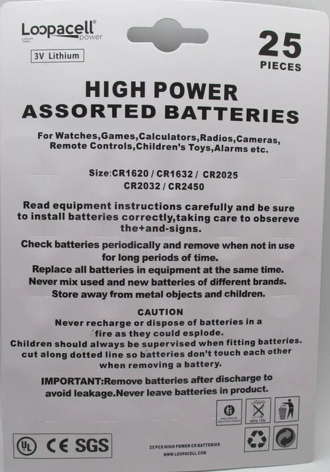 High Octane 3V Lithium Button Cell Battery Assortment With Cr2032 Cr2025 Cr2450 Cr1620 Cr1632 packaging showing battery sizes and usage.