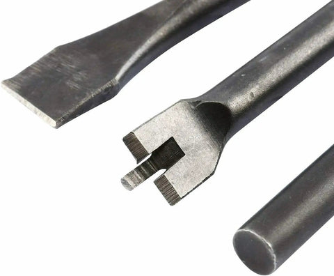 Close-up of Rugged Workhorse Pneumatic Chisel Set For Air Hammer 9 Piece Punching Bits Kit showcasing heavy-duty steel chisel tips