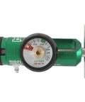 Green oxygen regulator with circular gauge up to 3000 psi, bleed valve, and T-handle (side view)