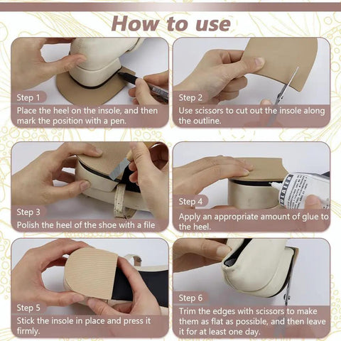 Instructional images showing installation steps for Two Pairs Heel Repair Rubber Pads For Shoes And Boots, 0.14 Inch Thick Non Slip