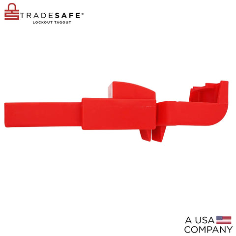 Side view of red butterfly valve lockout device for 3 and 11 thirty second inch valve head diameter water and propane shut off.