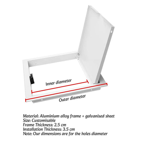 Slick White Heavy Duty Access Panel 150X200MM Seamless Drywall Inspection Hatch showing dimensions and aluminum frame details.