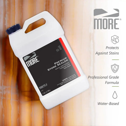 High End Water Based Stone Sealant For Granite Marble Concrete And Grout in a 1-gallon bottle on a marble background.