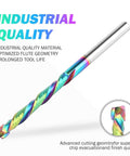 Angled view of rainbow-titanium coated solid carbide spiral router bit with 1/4in shank, 4in length, 2in cut length