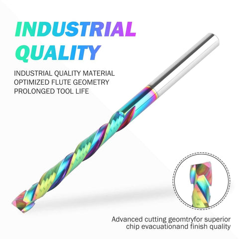 Angled view of rainbow-titanium coated solid carbide spiral router bit with 1/4in shank, 4in length, 2in cut length