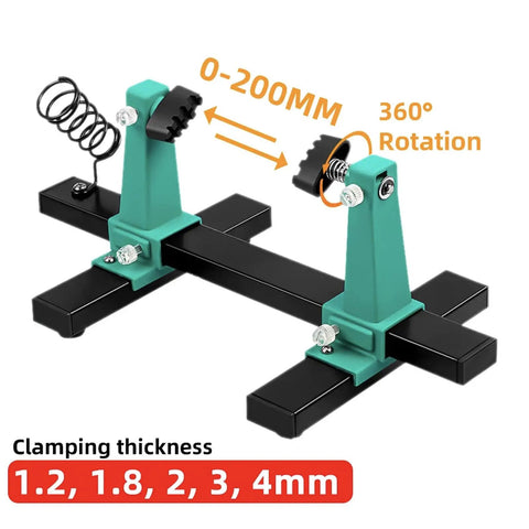 Multifunctional Welding Jig With Adjustable Cable Clamp And Slip Base For Electronics Assembly And Circuit Board Soldering showing 360° rotation and clamping range.