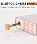 Universal Lighter Repair Kit For Zippo And Kerosene Models Featuring Straight Up Easy Fix Dope Flint Wicks Cotton Plus Gasket Seals For Knockout Spark And Rock Solid Performance, close-up of Zippo lighter internals with screw and spring.
