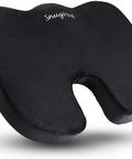 Upgraded Memory Foam Seat Cushion For Sciatica And Back Pain Relief, black orthopedic coccyx pillow with cutout design.