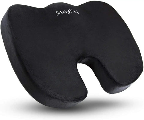 Upgraded Memory Foam Seat Cushion For Sciatica And Back Pain Relief, black orthopedic coccyx pillow with cutout design.