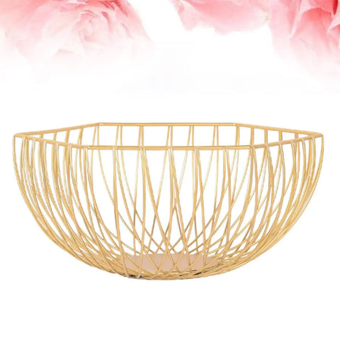 Golden Iron Fruit Basket For Fruits And Vegetables With Draining Water Feature And Geometric Wire Design Stackable Storage Organizer