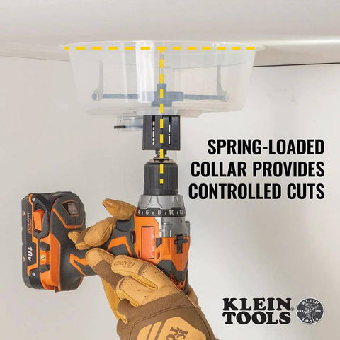 Klein Tools 53710 adjustable circle hole saw with dust bowl and vacuum port for 2–7 in openings, on cordless drill