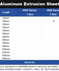 Aluminum extrusion sheet showing T-slot lengths for 4040 and 4080 series, highlighting 200mm for 4080 series.