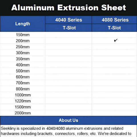 Aluminum extrusion sheet showing T-slot lengths for 4040 and 4080 series, highlighting 200mm for 4080 series.