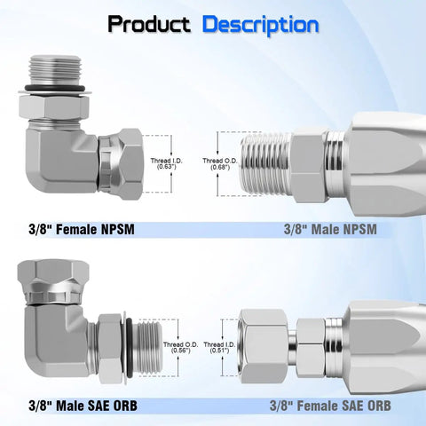 3 By 8 Inch Female NPSM Swivel To 3 By 8 Inch Male SAE ORB 90 Degree Elbow Adapter For Hydraulic Lines, J512 And J1926 Compatible, No Fuss Fitting For Tight Spots And Easy Maintenance, metal fitting diagram
