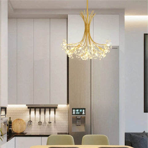Firework Crystal Chandelier Pendant Light for Bedroom and Living Room Modern Gold Vibe with 13 G4 Bulbs in kitchen setting