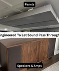 Pro Grade Black Acoustical Fabric Precut Sheets covering speakers for effective sound dampening in studio setup.